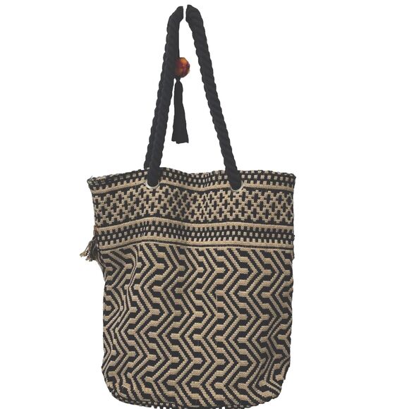 C&C California Beach Tote Shoulder Bag Woven Jute Tassel Navy Ivory Bohemian NWT - Picture 3 of 12